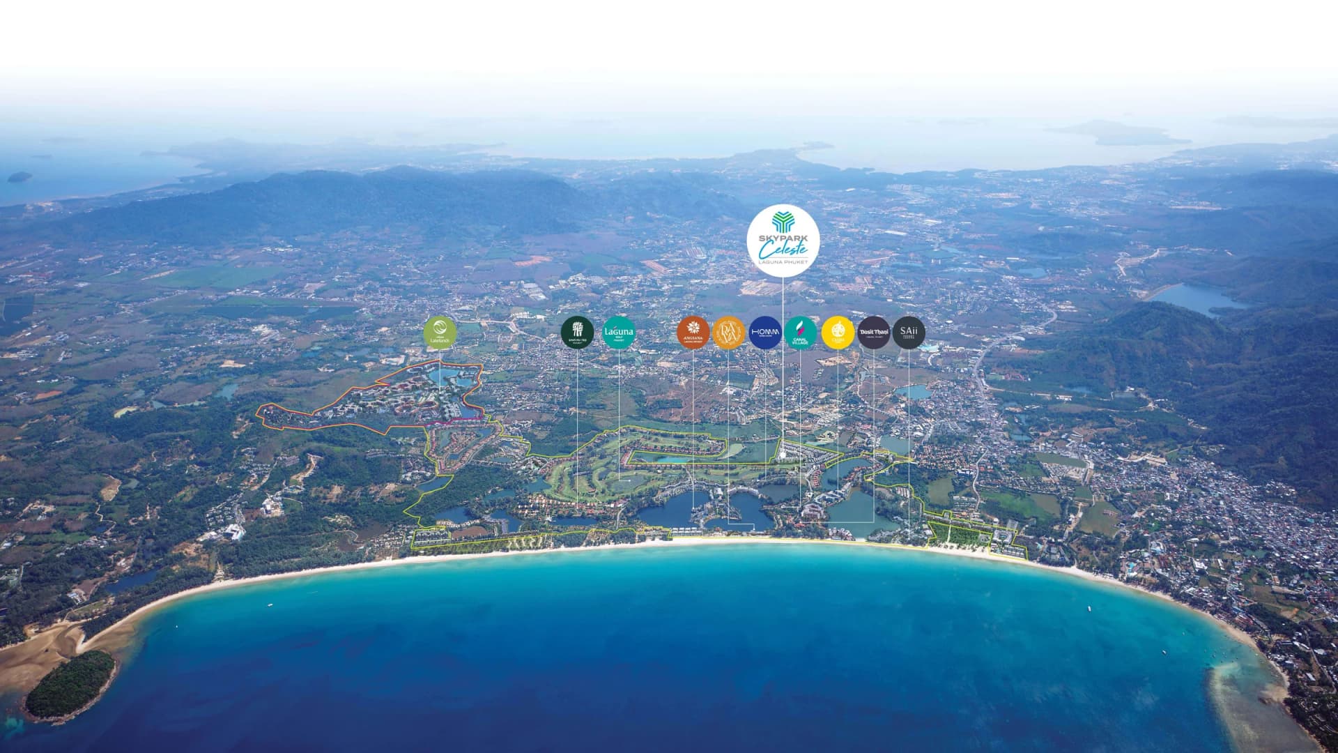 Map over a photograph of Bang Tao Bay: Laguna Phuket outlined, the Skypark Celeste pin in the centre and the Laguna hotels along the shore