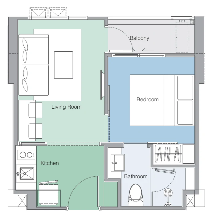 Plan of the 1B layout: 28 m² inside + 3 m² balcony = 31 m²