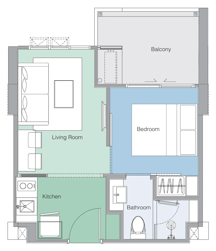 Plan of the 1Bx layout: 28 m² inside + 6 m² balcony = 34 m²