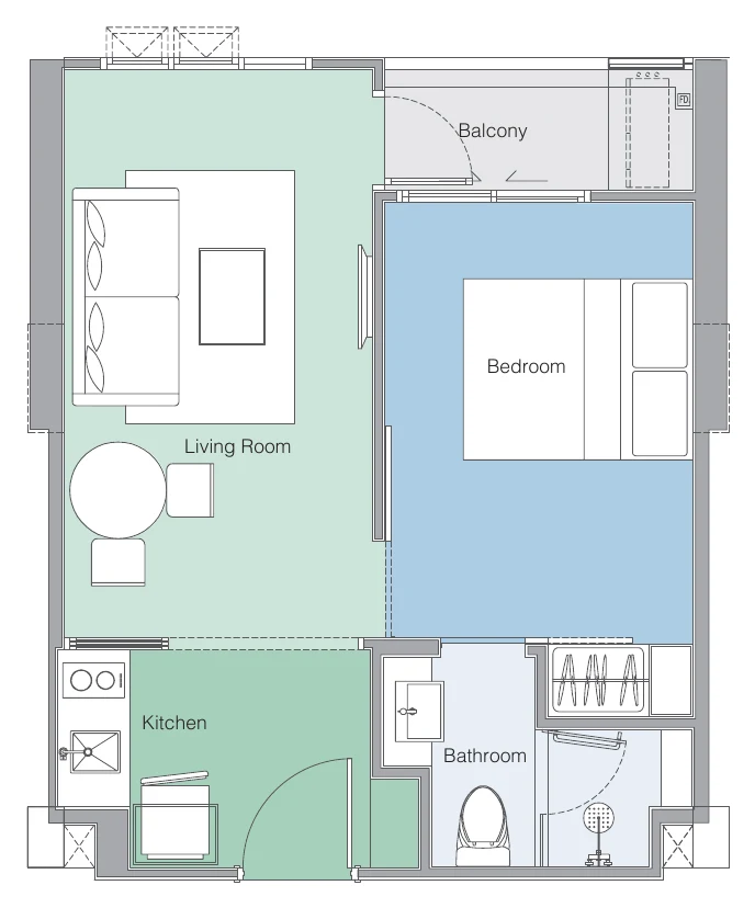 Plan of the 1C layout: 33 m² inside + 3 m² balcony = 36 m²