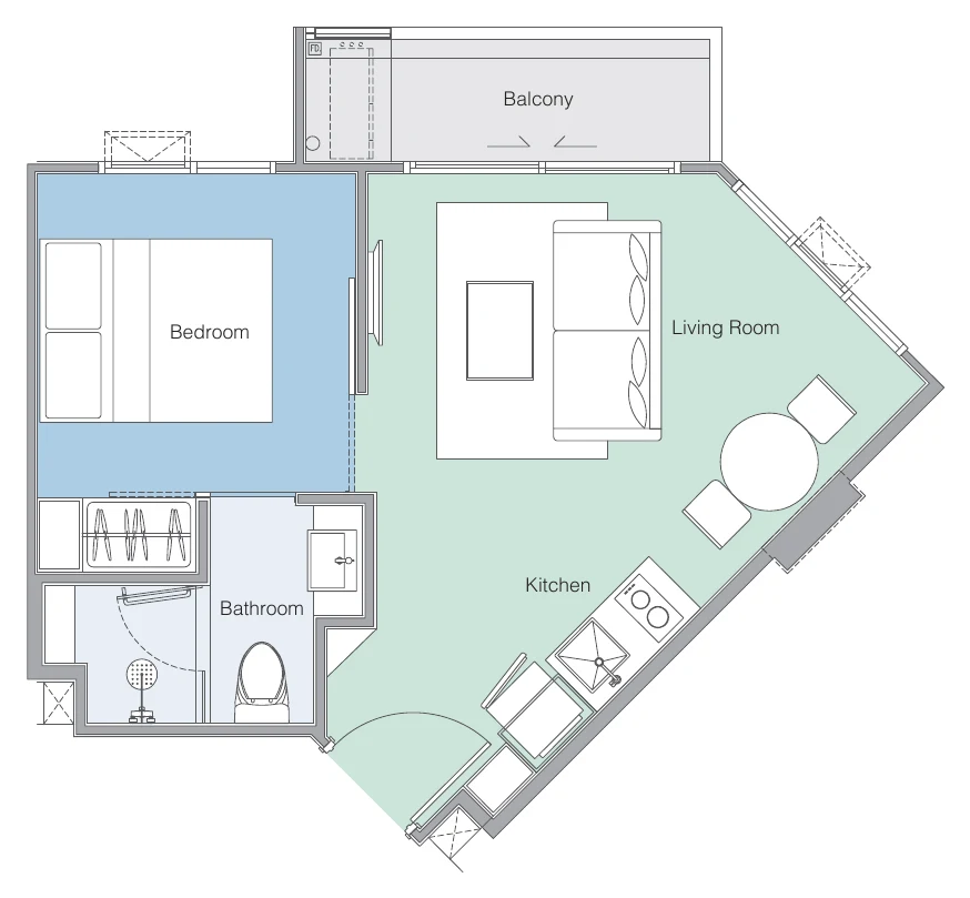 Plan of the 1D layout: 29 m² inside + 4 m² balcony = 33 m²