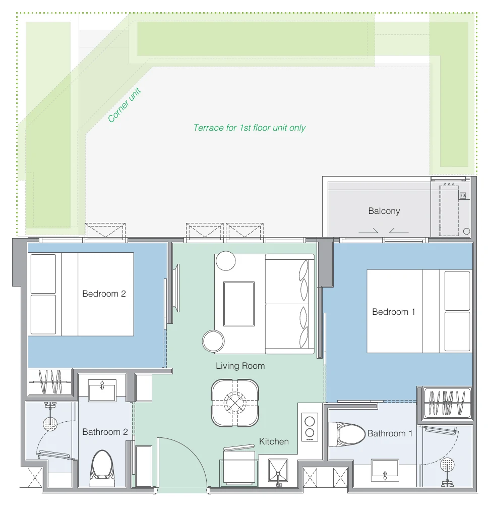 Plan of the 2A layout variant 1: 37 m² inside + 3 m² balcony = 40 m²