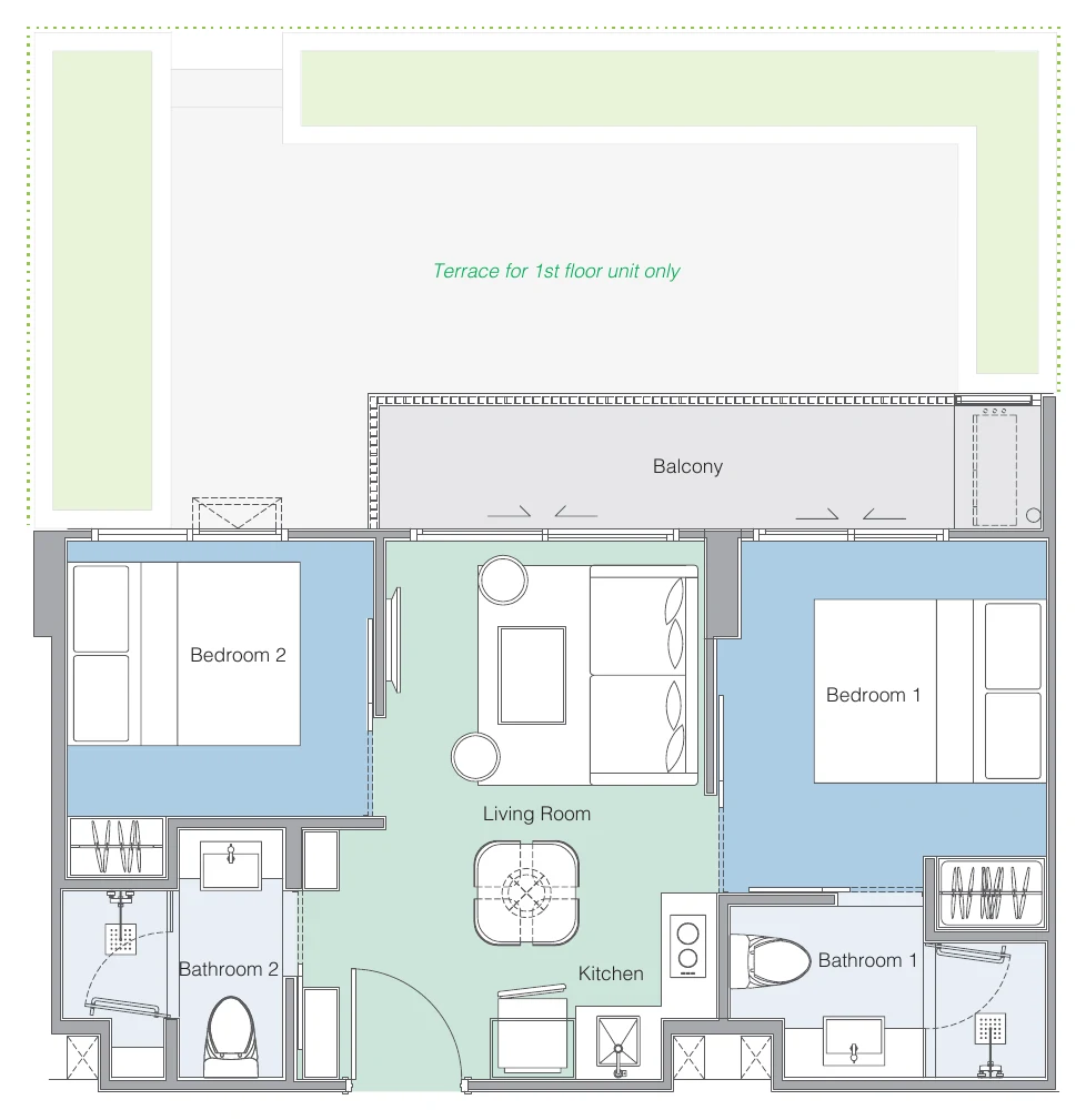 Plan of the 2Ax layout variant 1: 37 m² inside + 6 m² balcony = 43 m²