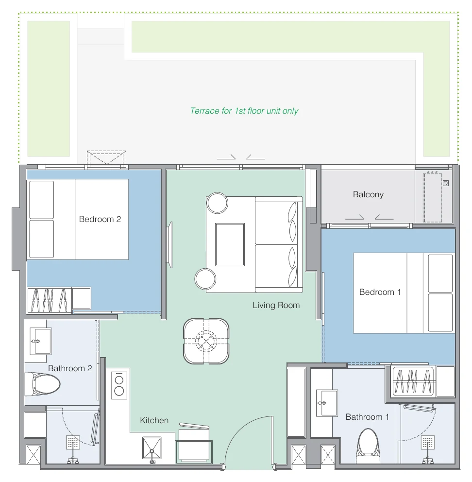 Plan of the 2B layout variant 1: 43 m² inside + 3 m² balcony = 46 m²