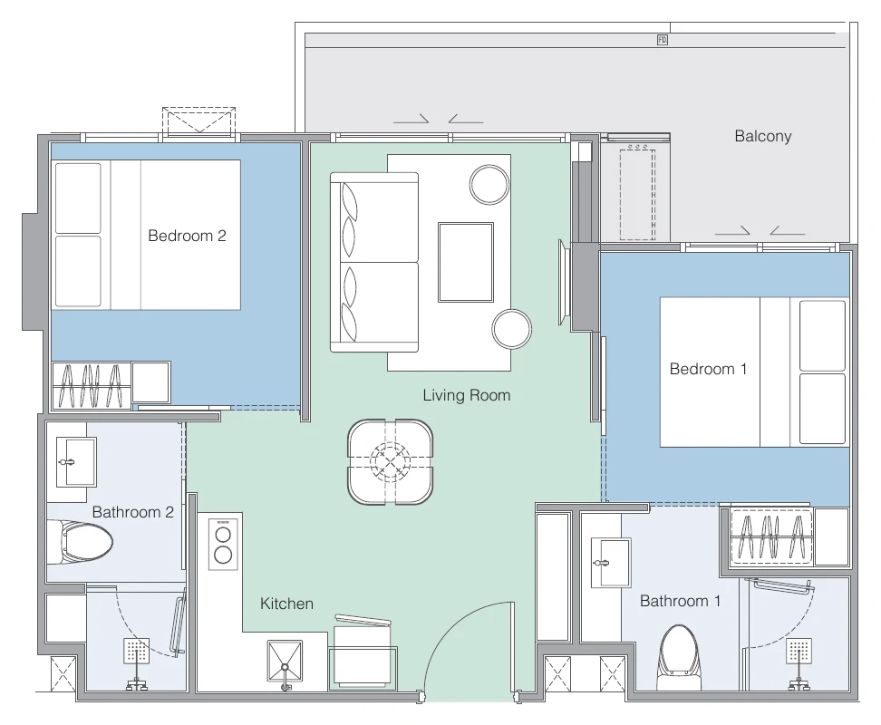 Plan of the 2Bx layout variant 1: 42 m² inside + 10 m² balcony = 52 m²