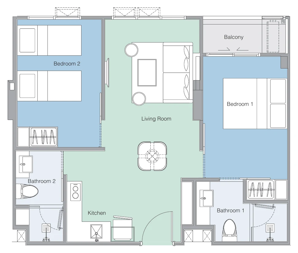 Plan of the 2C layout variant 1: 50 m² inside + 3 m² balcony = 53 m²