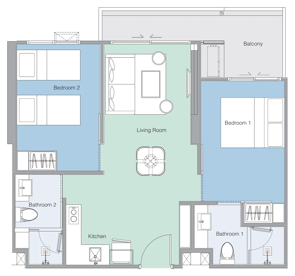 Plan of the 2Cx layout variant 1: 50 m² inside + 10 m² balcony = 60 m²