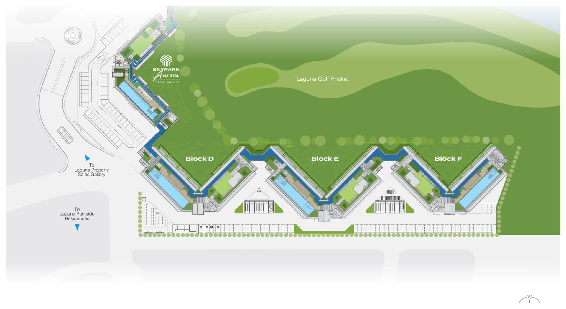 ผังโครงการ: อาคาร D, E และ F เรียงซิกแซกตามแฟร์เวย์ Laguna Golf เชื่อมกันด้วยสะพานบนดาดฟ้า และต่อกับ Skypark Aurora
